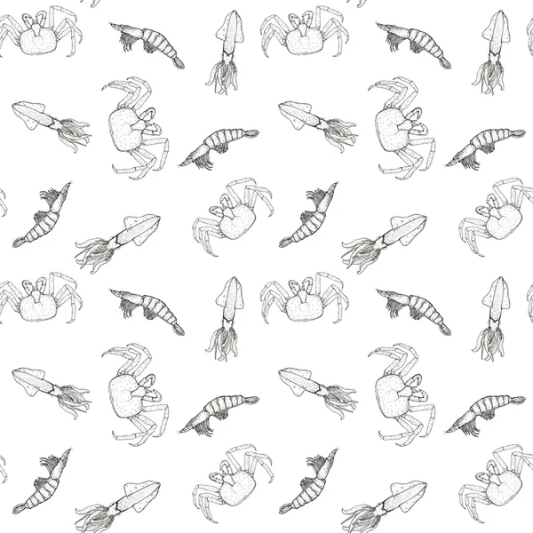 Kırmızı yengeç, karides ve beyaz arka plan üzerinde squid seamless modeli ile deniz ürünleri - kroki