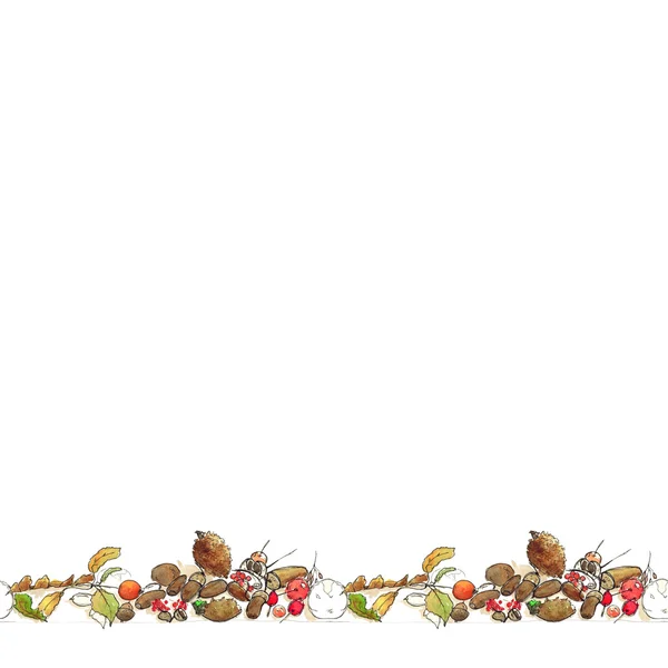 Varratmentes háttérben akvarell vázlat Őszi csendélet - berry kúp makk csipkebogyó gesztenye levelek — Stock Fotó