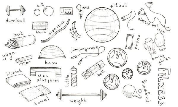 Set di accessori disegnati a mano per fitness, sport con lettering — Foto Stock