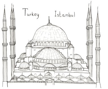 Türkiye'de Istanbul mavi Mosque(Sultanahmet Mosque) el çizilen mimari kroki üzerinde beyaz izole yazı ile