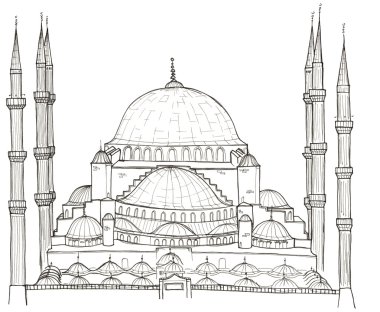Türkiye'de Istanbul mavi üzerine beyaz izole Mosque(Sultanahmet Mosque) el çizilen mimari çizimi