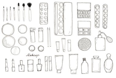 Elle çizilmiş kroki üzerinde yazı ile wgite izole makyaj büyük kümesi