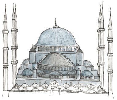 Türkiye'de Istanbul mavi üzerine beyaz izole Mosque(Sultanahmet Mosque) suluboya el çizilen mimari çizimi