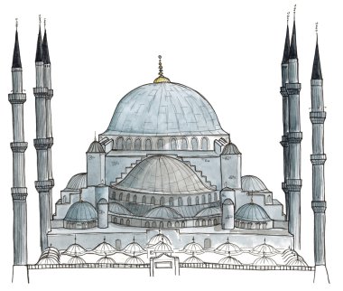 Türkiye'de Istanbul mavi üzerine beyaz izole Mosque(Sultanahmet Mosque) suluboya el çizilen mimari çizimi