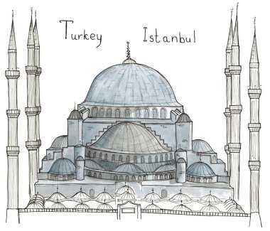 İzole üzerinde beyaz yazı ile suluboya elle çizilmiş mimari taslağını Türkiye Istanbul mavi Mosque(Sultanahmet Mosque)