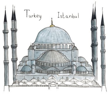 İzole üzerinde beyaz yazı ile suluboya elle çizilmiş mimari taslağını Türkiye Istanbul mavi Mosque(Sultanahmet Mosque)
