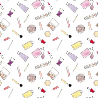Suluboya el çizilmiş kroki seamless modeli makyaj aksesuar beyaz