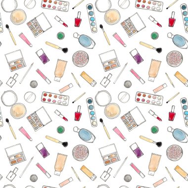 Suluboya el çizilmiş kroki seamless modeli makyaj aksesuar beyaz