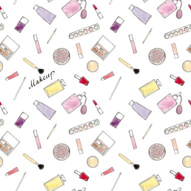 Suluboya el çizilmiş kroki seamless modeli makyaj aksesuar beyaz yazı ile