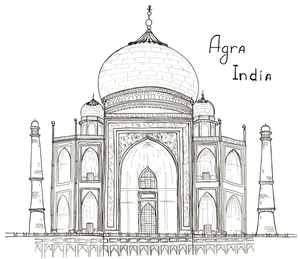 Hand drawn architecture sketch of Agra, India Taj Mahal with lettering isolated on white