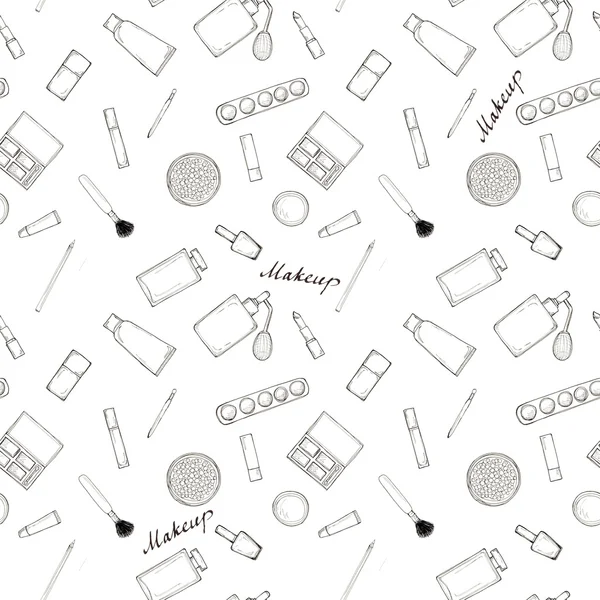 Hand getrokken schets naadloze patroon van make-up accessoires met letters op wit — Stockfoto