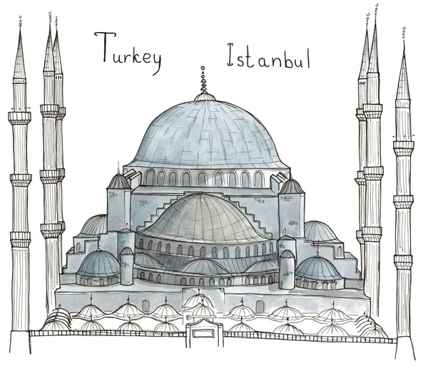 Akvarel ručně kreslenou architektura náčrt Turecko Istanbul modré Mosque(Sultanahmet Mosque) s nápisy izolované na bílém — Stock fotografie