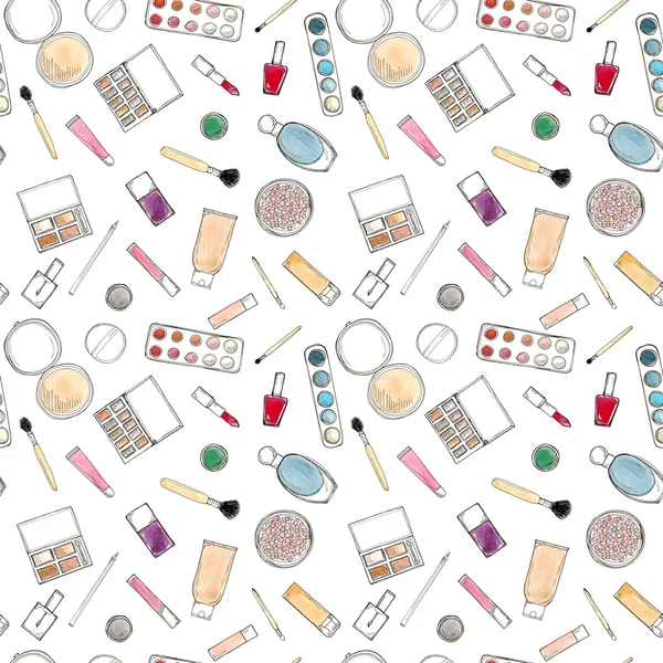 Aquarel Hand getrokken schets naadloze patroon van make-up accessoires op wit — Stockfoto