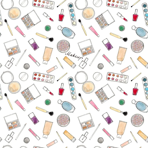 Acuarela Dibujo dibujado a mano patrón sin costuras de accesorios de maquillaje con letras en blanco — Foto de Stock