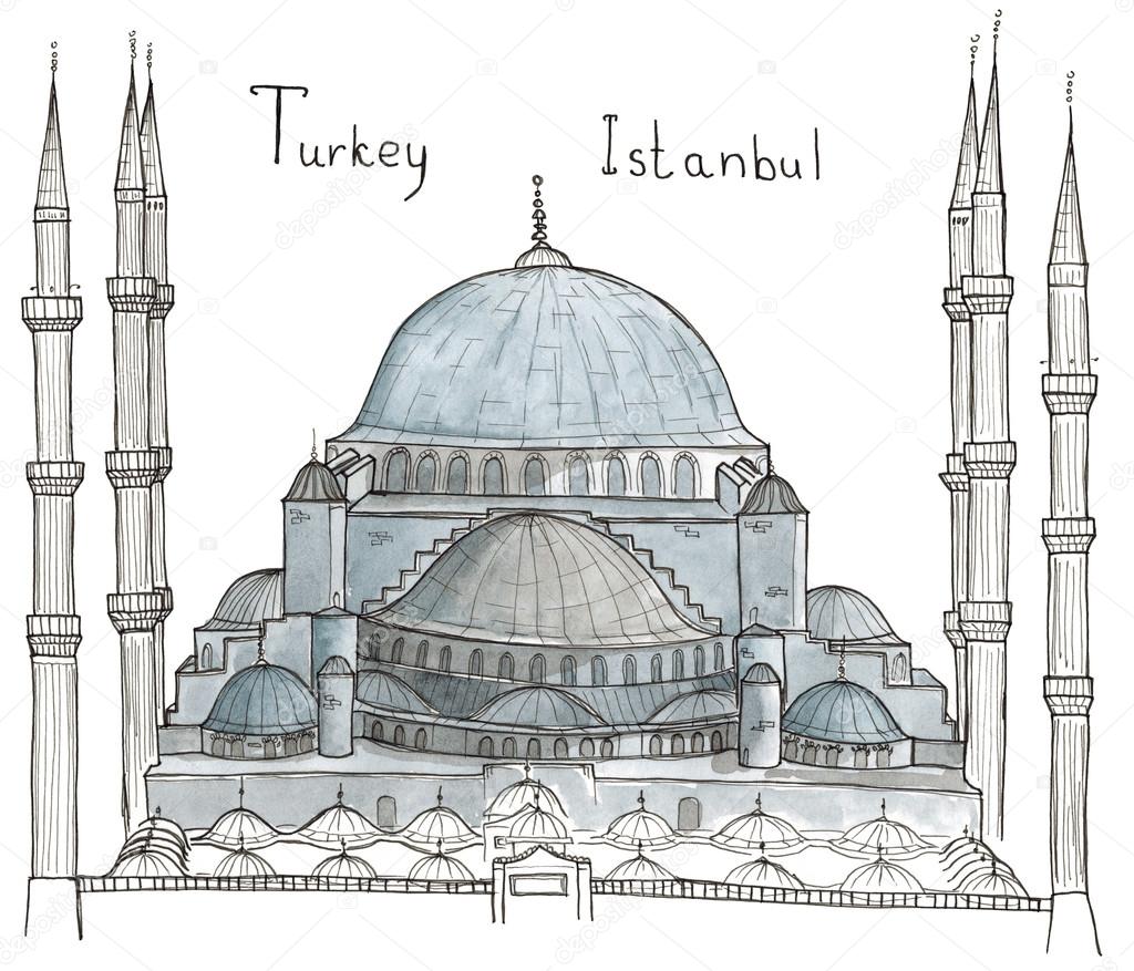 Watercolor Hand drawn architecture sketch of Turkey Istanbul Blue Mosque(Sultanahmet Mosque) with lettering isolated on white