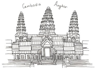 Elle, Kamboçya Angkor Angkor beyaz izole Wat(Angkorvoat) çizilmiş kroki