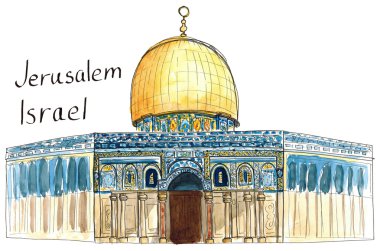İzole kaya İsrail Kudüs Camii kubbe suluboya el çizilen mimari çizimi