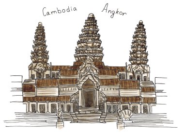 Suluboya kroki el Kamboçya Angkor Angkor beyaz izole Wat(Angkorvoat), çekilmiş