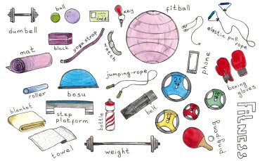 Suluboya kroki el aksesuarlar, fitness, spor yazı ile çizilmiş kümesi
