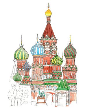 Suluboya kroki kırmızı kare izole kilisede Moskova St Basil's.