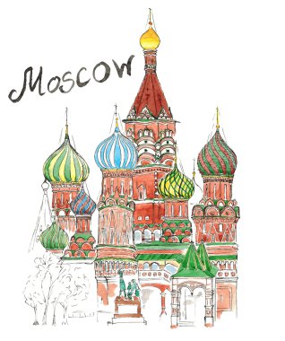 Suluboya kroki kırmızı kare izole kilisede Moskova St Basil's.