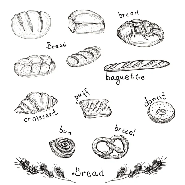 素描手绘套的烘焙产品-面包、 法式面包、 羊角面包、 泡芙、 甜甜圈、 馒头、 brezel 白色纺织品、 广告、 宣传册、 菜单的设计元素上孤立 — 图库照片
