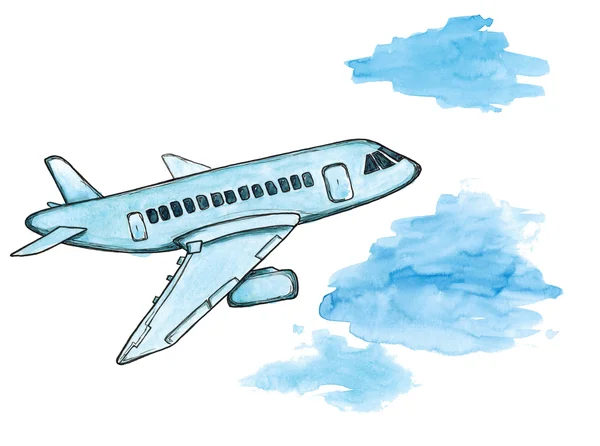 Desenho de desenho animado aquarela avião azul isolado — Fotografia de Stock