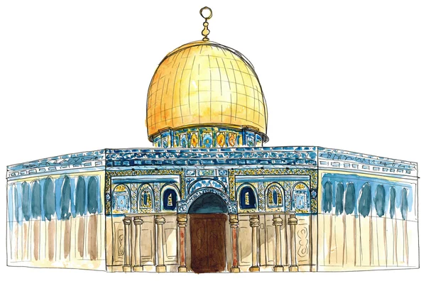 Acquerello disegno di architettura disegnato a mano di Israele Gerusalemme Moschea Cupola della Roccia isolato — Foto Stock