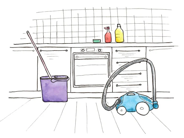 Szkic akwarela czyszczenia domowych akcesoria i sztuki Kuchnia — Zdjęcie stockowe