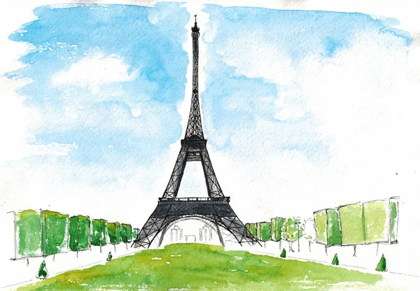 Desenho em aquarela Torre Eiffel Paris — Fotografia de Stock