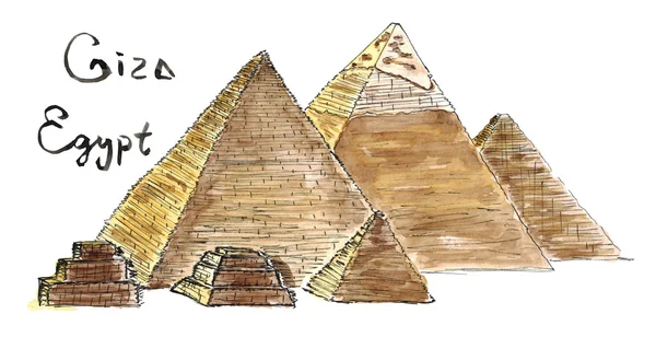 Aquarel schets piramides van Giza, Egypte geïsoleerd — Stockfoto