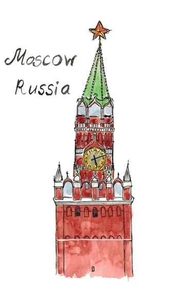 Szkic akwarela Rosja Moskwa Red Square Spasskaya wieża na białym tle — Zdjęcie stockowe