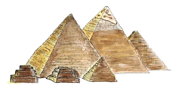 Akvarell skiss pyramiderna i Giza, Egypten isolerade — Stockfoto