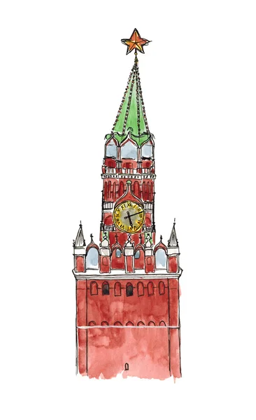 Akvarell skiss Ryssland Moskva Röda torget Spasskaya tornet isolerade — Stockfoto