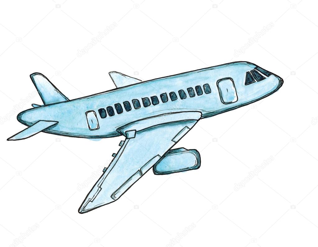 Watercolor cartoon sketch blue airplane isolated Stock Photo by  ©FuzzyLogicKate 93121042