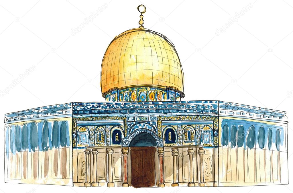 Watercolor hand drawn architecture sketch of Israel Jerusalem Mosque Dome of the Rock isolated