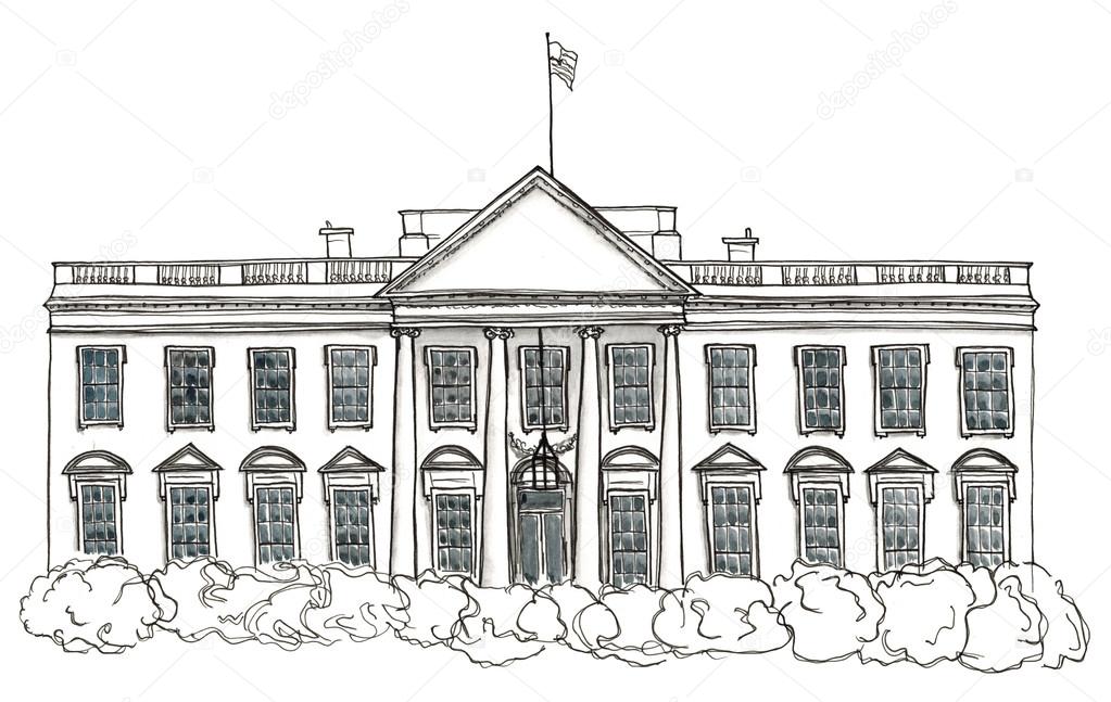 Watercolor hand drawn sketch of White House, USA, Washington isolated