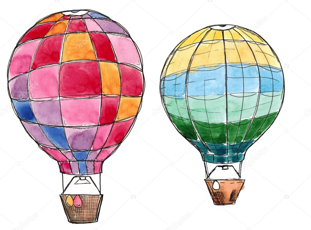 Watercolor hand drawn sketch set of two air balloons isolated