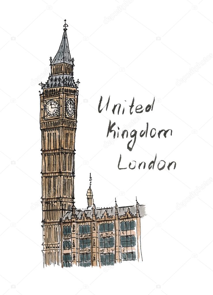 Watercolor Sketch Big Ben United Kingdom London isolated