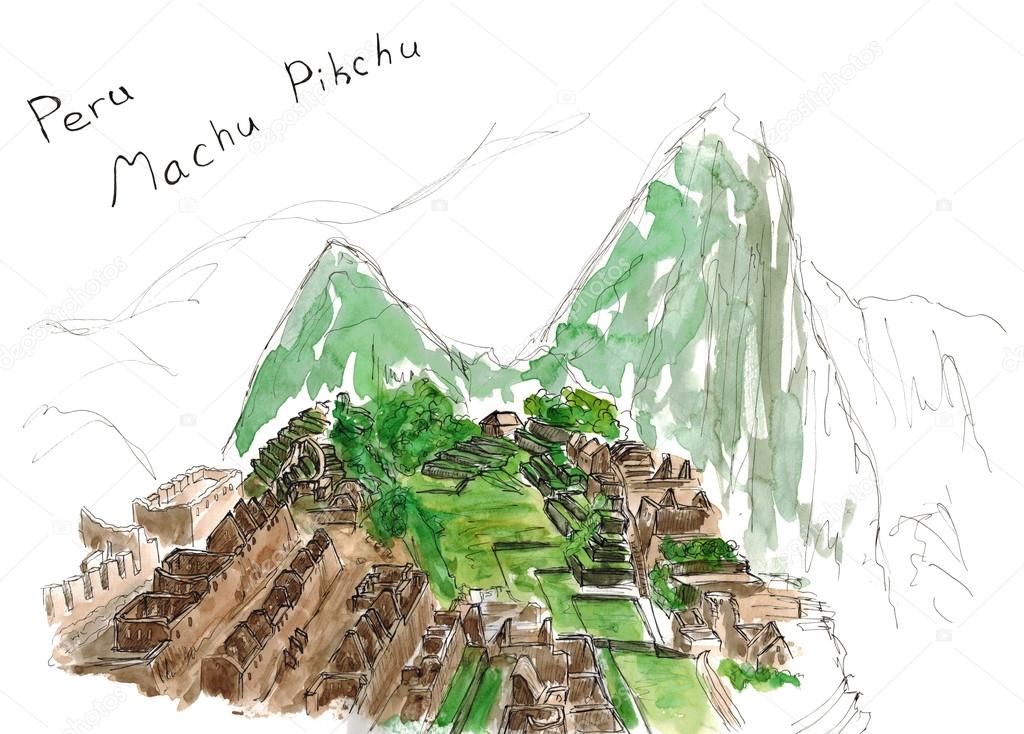 Watercolor Sketch hand drawn Machu Picchu, Peru, travel art isolated on white background