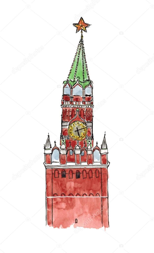 Watercolor Sketch Russia Moscow Red Square Spasskaya Tower isolated