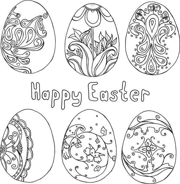 Hand drawn doodle easter eggs set with lettering Happy easter. Coloring book vector — Stock Vector