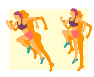 Spor giyim ve spor klubü reklamları için afiş yapan sağlıklı bir kadın. Kız egzersiz yapıyor, koşuyor, zıplıyor. Zayıf spor kızları. Vektör düz çizim arkaplanı. Spor giysileri ve spor ayakkabıları. Printt tasarım posteri ve etiketi