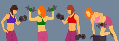 Spor elbiseli bir kadın elinde dambıl tutuyor. Sallanan kol kaslı kız. Vektör düz çizim arkaplanı. Spor ayakkabıları ve spor ayakkabıları. Seksi vücut geliştirici. Tasarımcı kızlar spor kulübü ve spor salonu spor salonu reklam broşürü..