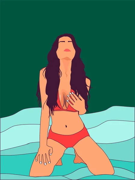 Denizde mayo giymiş esmer seksi kız. Vektör karikatür çizimi. Zayıf, sportif vücut. Kumaş, kıyafet, tişört, kumaş, el ilanı, parti posteri. Sıcak yaz kapak albümü. Spor fitness iç çamaşırı modası