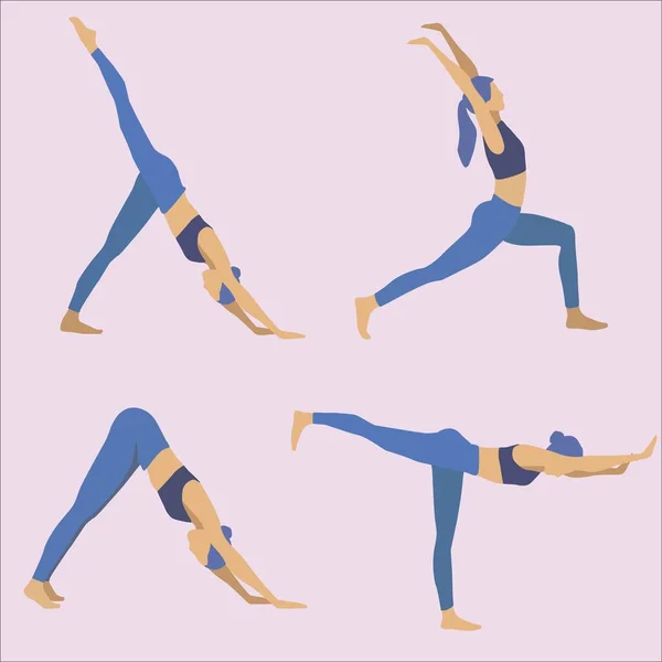Ensemble Yoga Silhouette Asanas Pose Pour Santé Illustration Vectorielle Plate — Image vectorielle