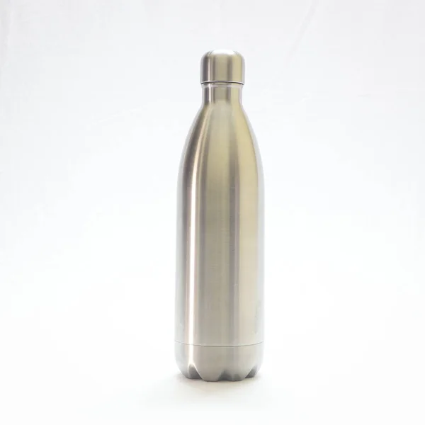 Glänsande Silver Vakuum Termos Kolv Isolerad Vit Bakgrund — Stockfoto