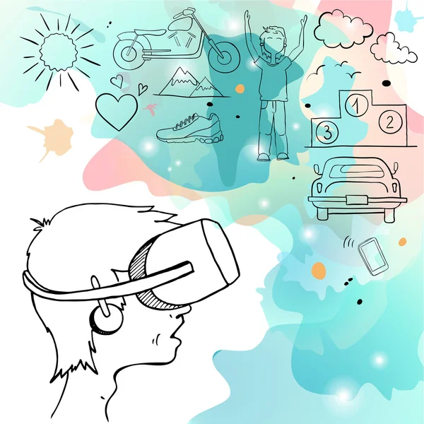 Człowiek w urządzenia dla wirtualnej rzeczywistości — Wektor stockowy