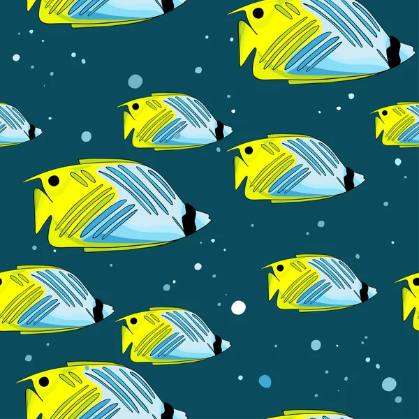 Pattern with bright green-blu fishes and bubbles — Stock Vector