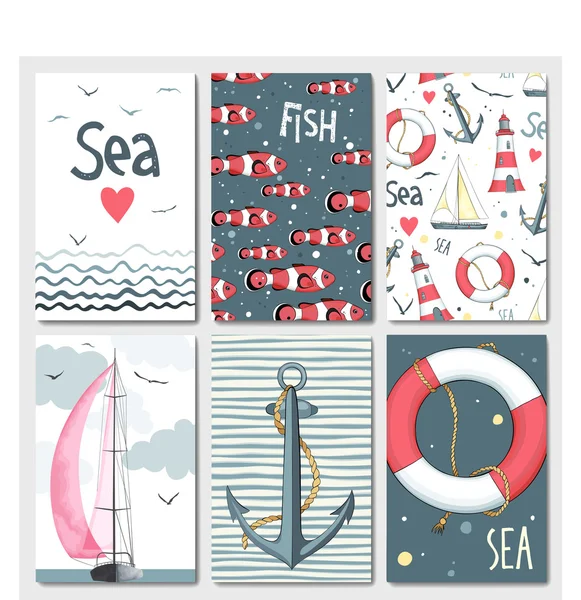 Set of 6 cute cards with marine design. — Stock Vector
